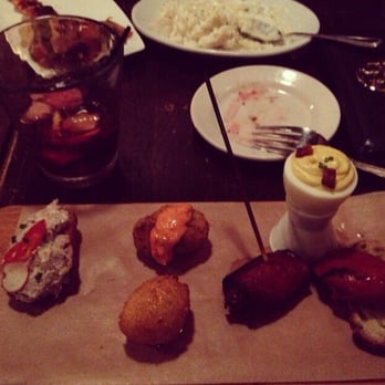 Cafe Ba-Ba-Reeba! - Chicago, IL, United States. The pintxos platter: chorizo wrapped medjool date & cheese, shrimp, tuna toast (now mushroom toast) deviled egg, fried croquette