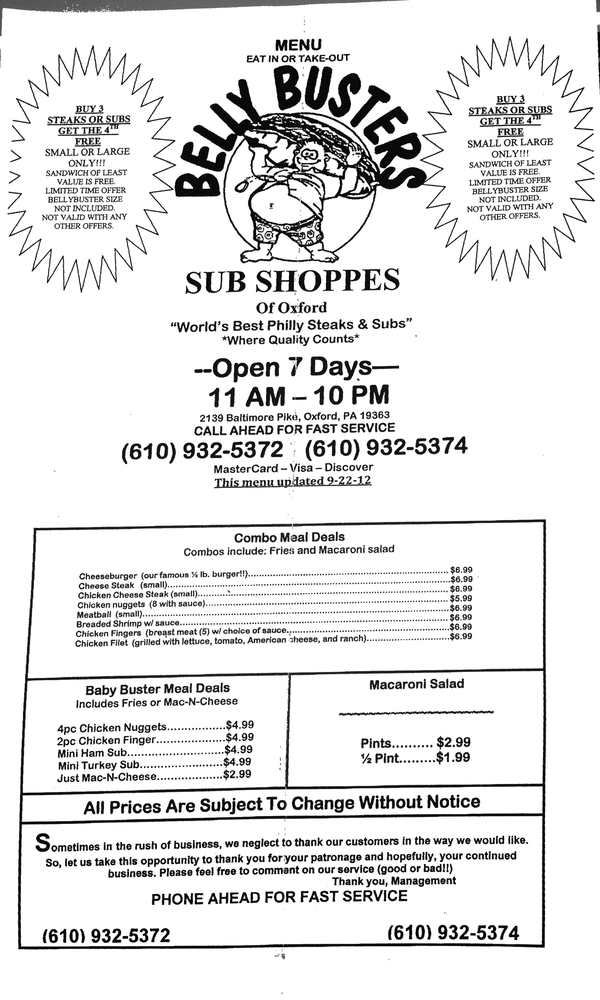 Bellybusters Sub Shoppes Pizza Oxford, PA Yelp
