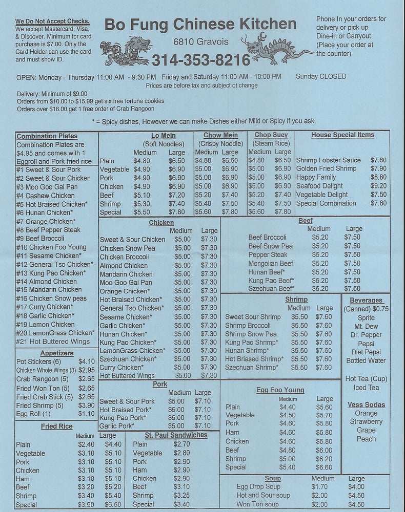 Bo Fung Chinese Kitchen Menu Bo Fung Chinese Kitchen Menu