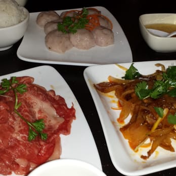 Little Sheep Mongolian Hot Pot - Steamed rice ($1), Shrimp balls ($8.95), Garlic paste w/sesame oil ($0.50), Fatty beef ($8.95), Hot & spicy beef tendon ($4.95) - San Mateo, CA, United States