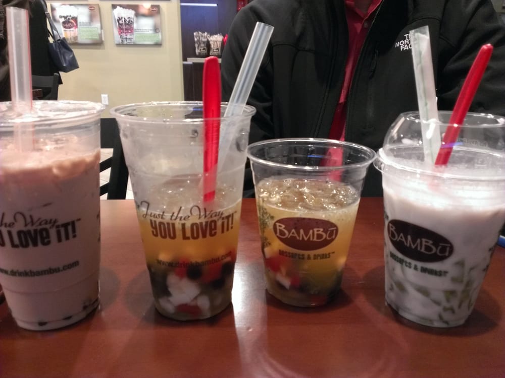 BAMBU - Irvine, CA, United States. L: black milk tea, M: Specialteas Leachy Peachy- 2 Lg teas for $5, R: The Barney