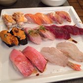 Sushi Sam's Edomata - Top left: baby lobster, yellowtail, char, uni, butterfish, bluefin tuna, otoro and ebi..drool to the maximum density! - San Mateo, CA, United States