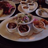 Chicago Q - Chicago, IL, United States. BBQ flight appetizer $15 (left: Kobe brisket, middle: pulled pork, right: pulled chicken, side: coleslaw)