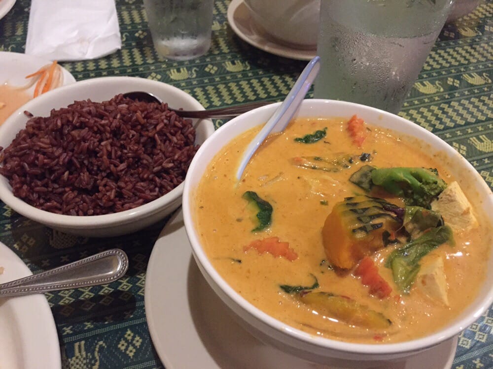 Naung Mai Thai Kitchen - Hilo, HI, United States. Pumpkin curry with tofu and brown rice. Yum!! Thai level hot!