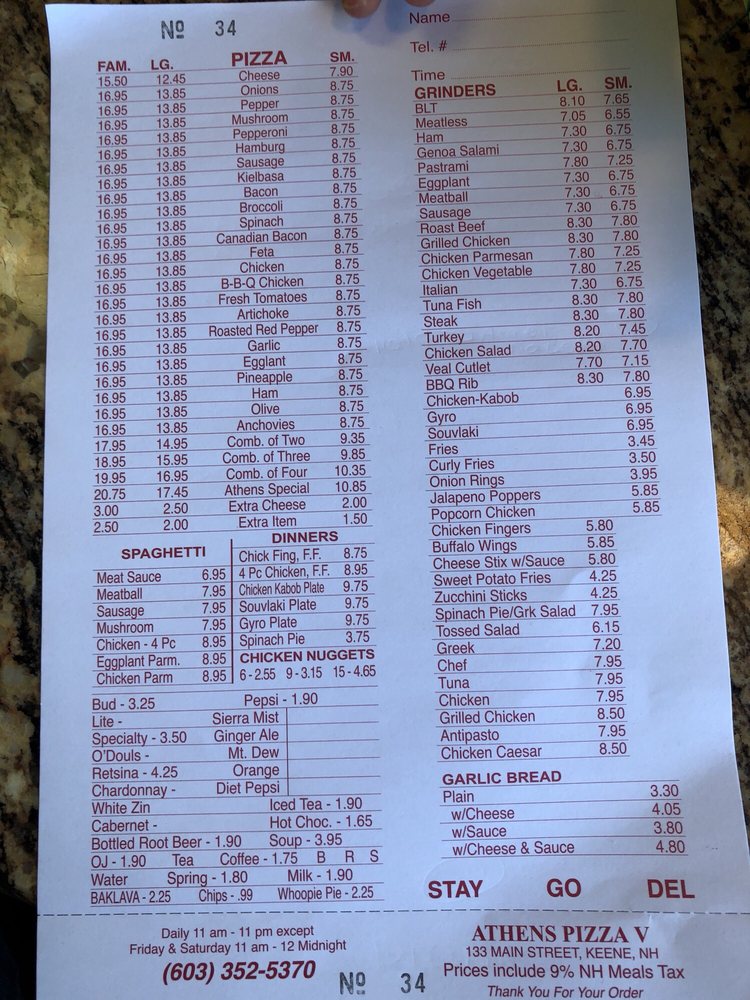 Online Menu of Athens Pizza & Family Restaurant Keene Restaurant, Keene