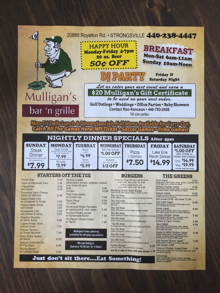 Online Menu of Mulligans Bar & Grille Restaurant, Strongsville, Ohio