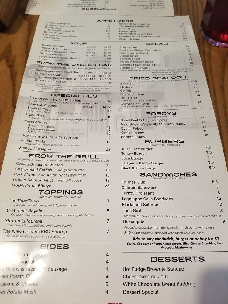 Online Menu of The Chimes Covington Restaurant, Covington, Louisiana