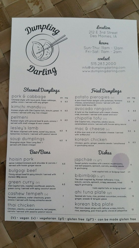 Photo of Dumpling Darling - Des Moines, IA, United States. Front of the menu for Dumpling Darling