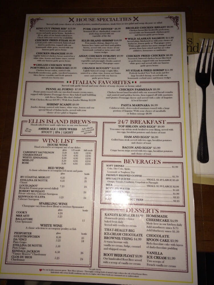 Ellis island casino cafe menu