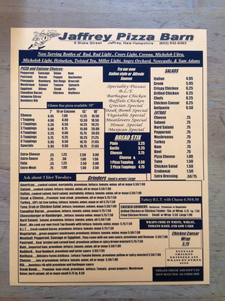 Online Menu of Jaffrey Pizza Barn Restaurant, Jaffrey, New Hampshire