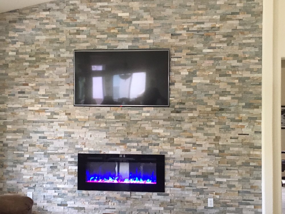 Complete Stacked Stone Wall With Built In Recessed Fireplace And Tv Photo Of Dano S Tile Installers Tucson Az United States Complete Stacked Stone