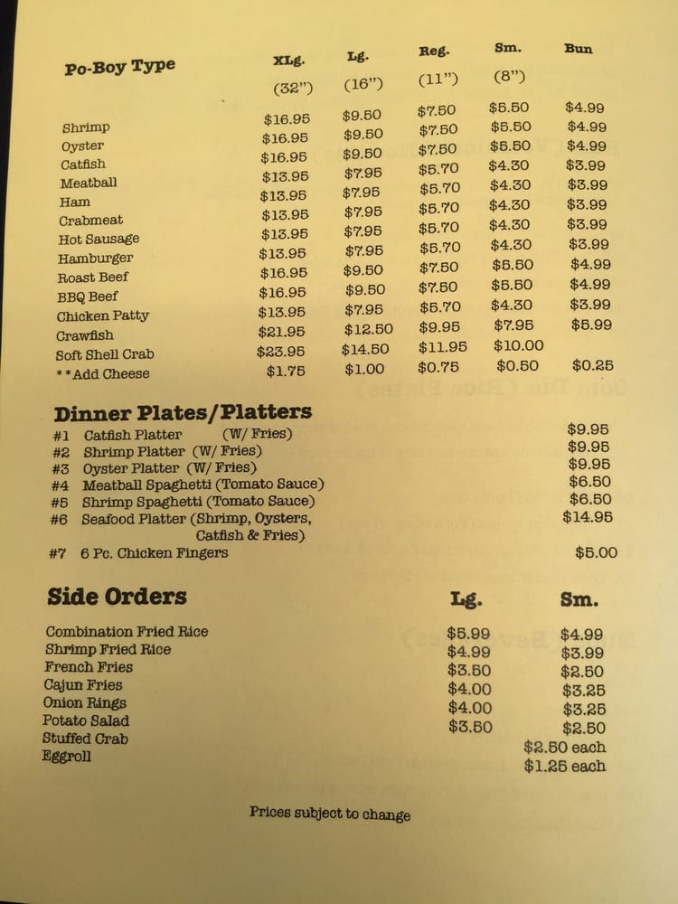 Online Menu of New Orleans Style Seafood Poboys CLOSED