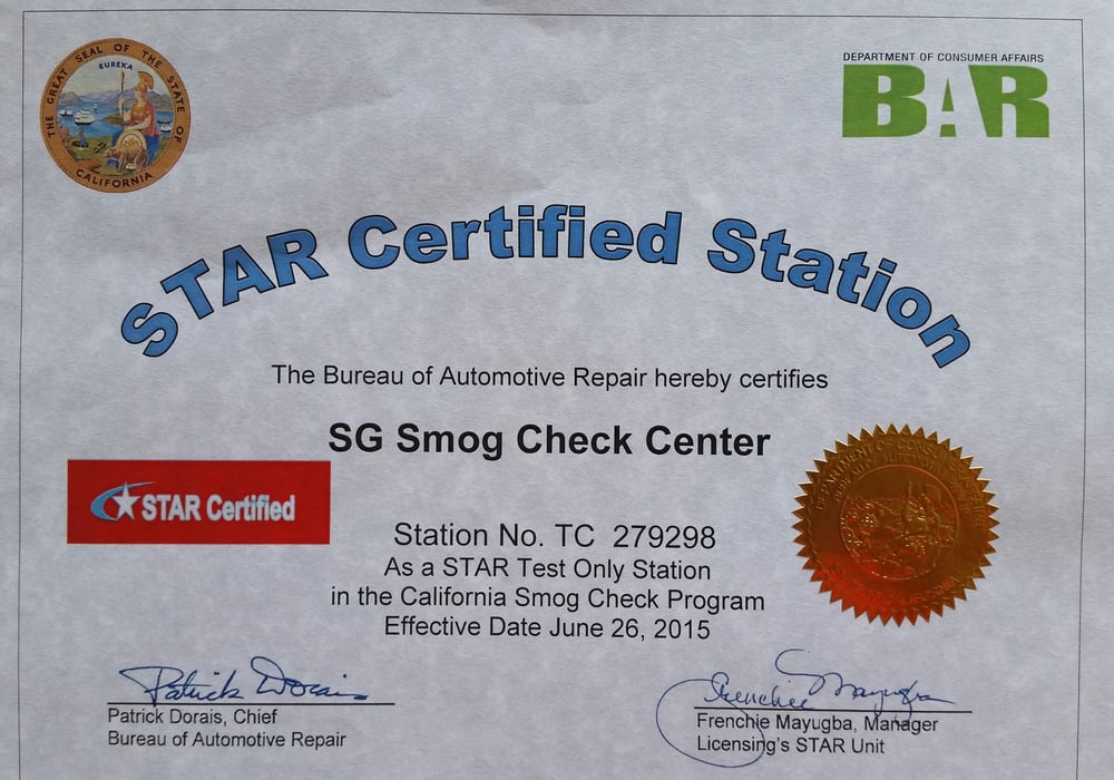 Star Certified Station We Can Certify All Cars With These Following Photo Of Sg Smog Check Center Vallejo Ca United States Star Certified