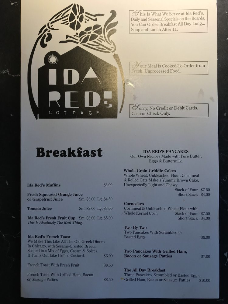 Online Menu Of Ida Reds Cottage Restaurant Saugatuck Michigan