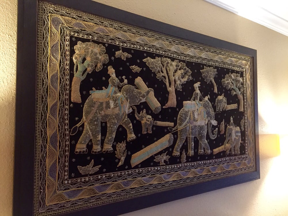 Thai Elephant Tapestry Fabric With Embroidered Figures Framed By Photo Of Gonzalez Framing Ventura Ca United States Thai Elephant Tapestry