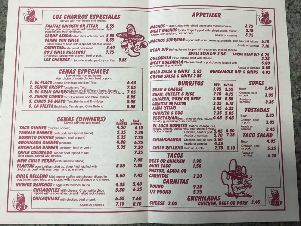 Los Charros Restaurant Menu Los Charros Restaurant Menu