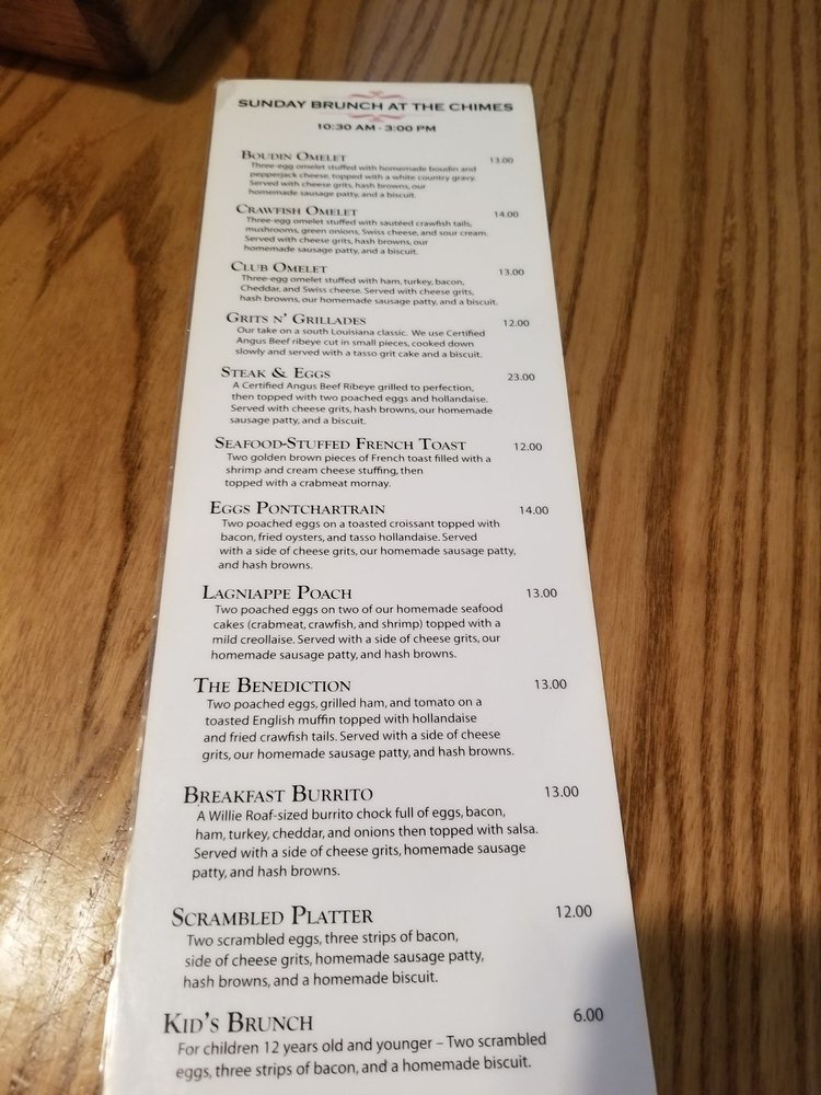 Online Menu of The Chimes Covington Restaurant, Covington, Louisiana