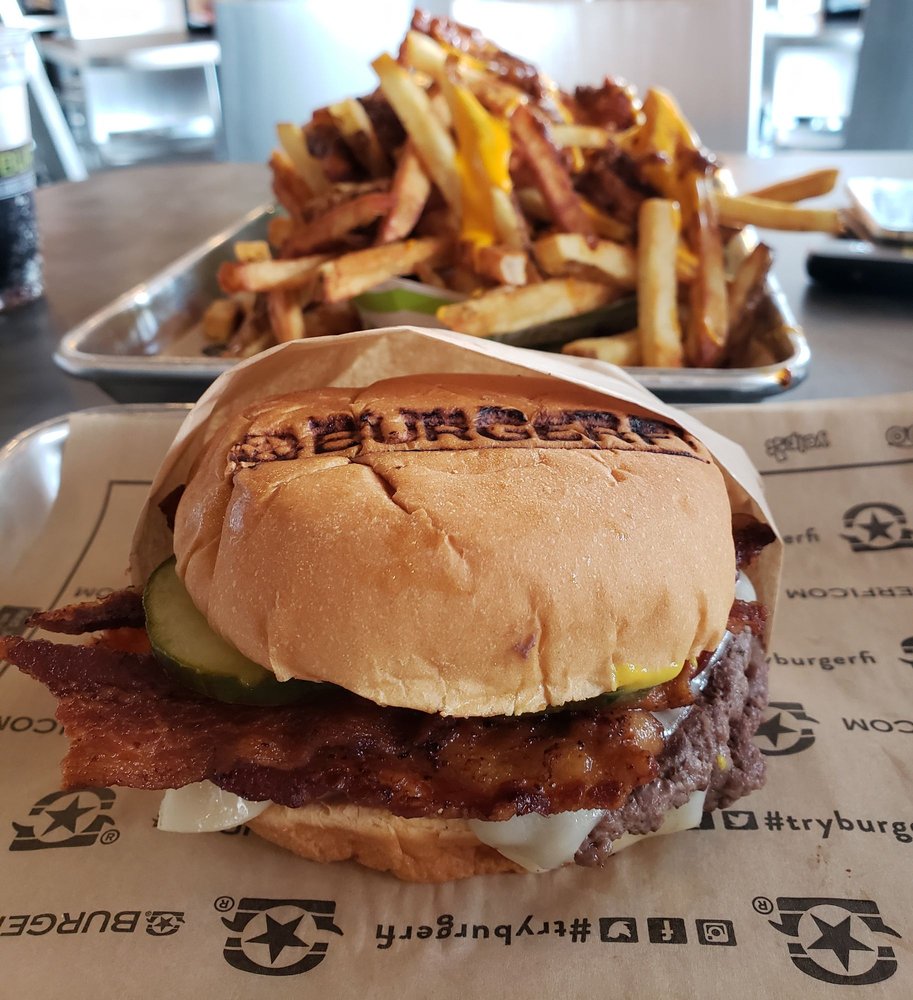 Bacon Cheeseburger With Swiss Cheese And Large Chili Fries Photo Of Burgerfi Peachtree Corners Ga United States Bacon Cheeseburger With Swiss