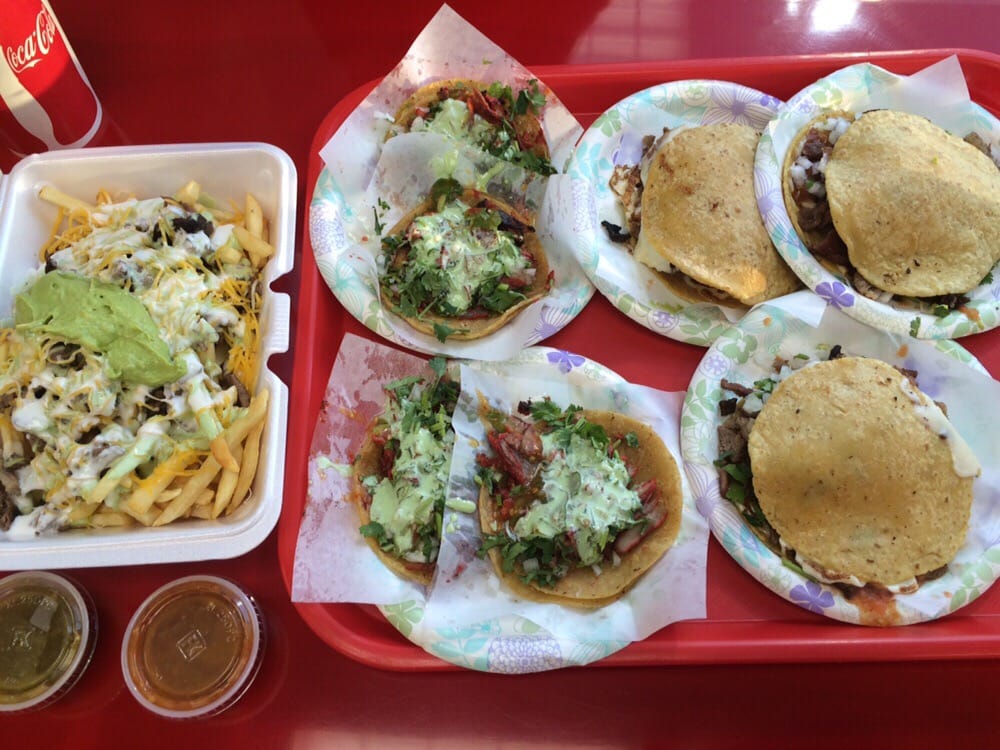 Adobada, mulas, & carne asada tacos, carne asada fries, and horchata