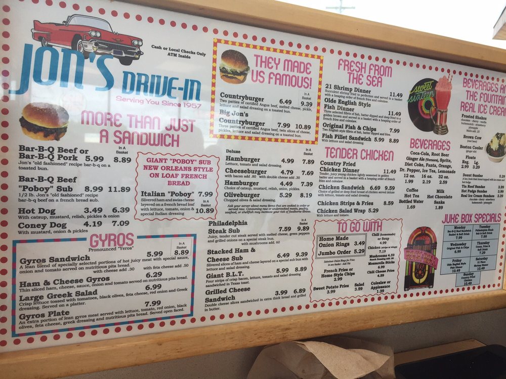Online Menu Of Jons Drive In Restaurant Mount Pleasant Michigan