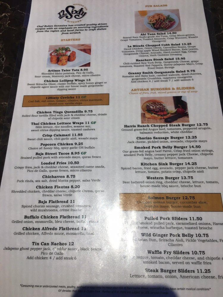 Online Menu Of 12 Sixty Modern Pub Kitchen Restaurant La Mirada