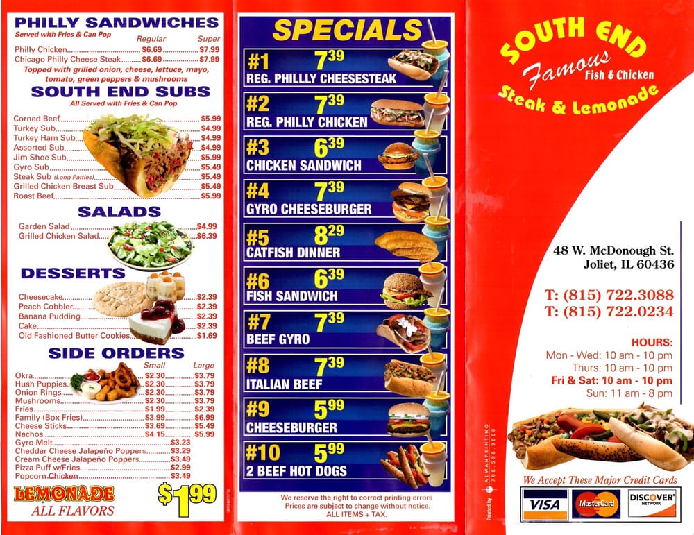 Online Menu of South End Famous Steak & Lemonade Restaurant, Joliet