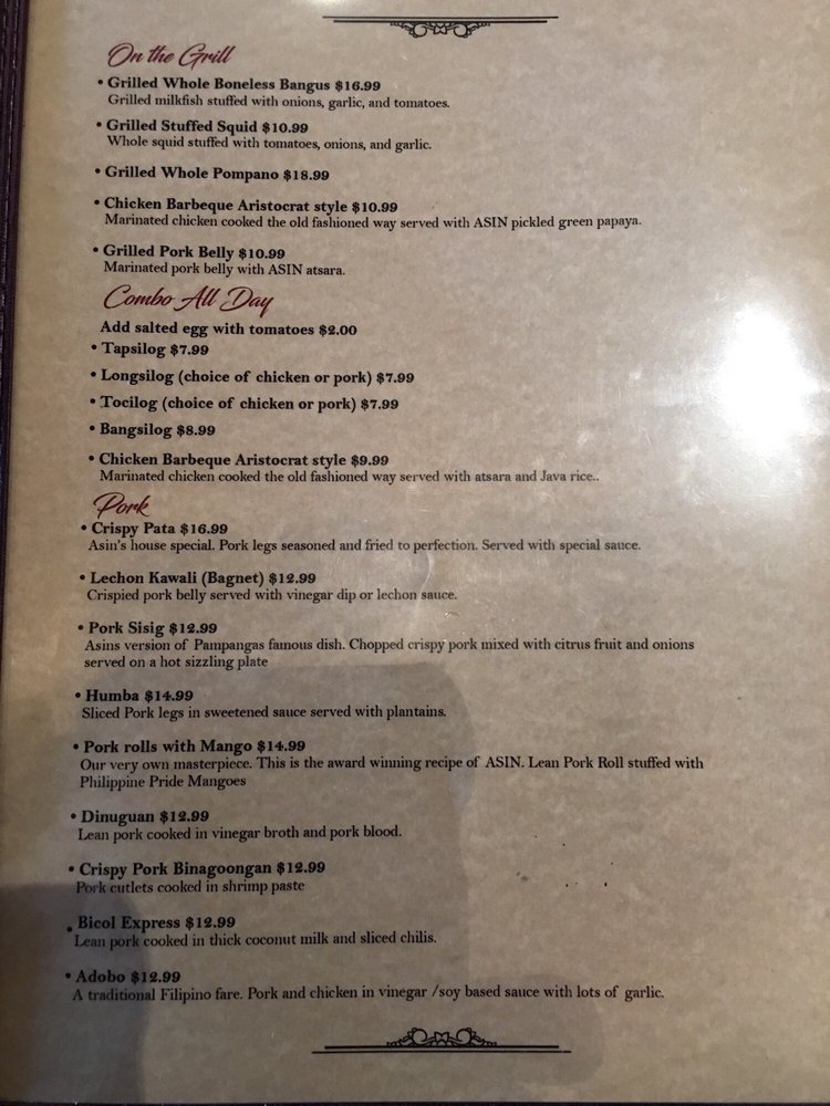 Online Menu Of Asin Filipino Cuisine Restaurant Caldwell New