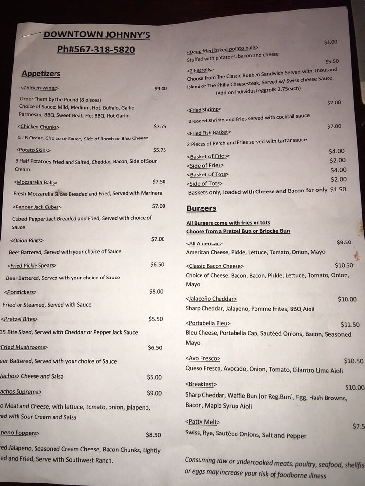 Online Menu Of Downtown Johnnys Restaurant Toledo Ohio 43604
