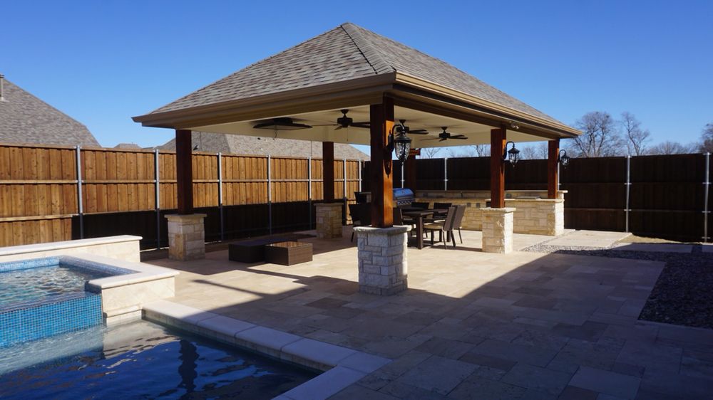 Install A Harbaker Patio Cover Paired With Custom Stone Finished Photo Of Green Paradise Construction And Design Frisco Tx United States Install