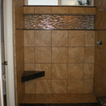 Porcelain Tile Shower With Quartz Seat Curb Shelf And