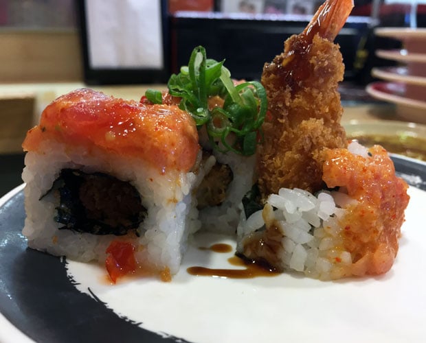 "Spicy Tempura Roll" features a California roll stuffed with one piece