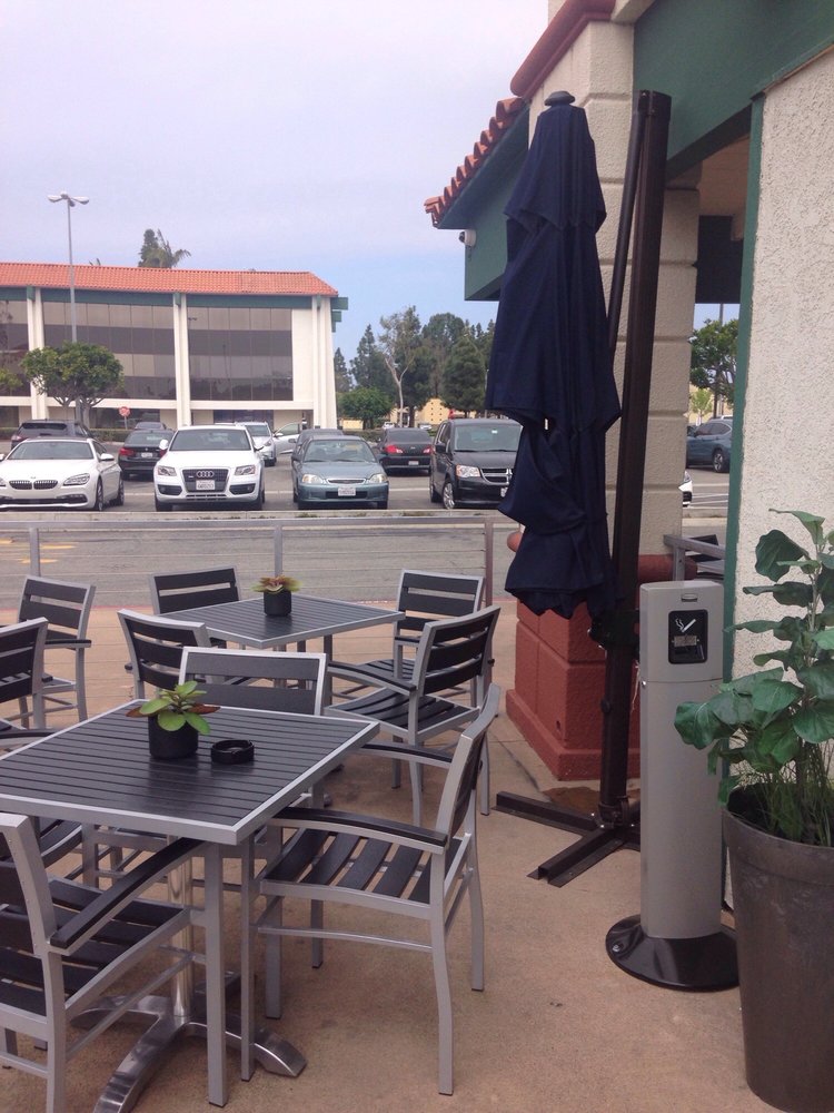 Outdoor Seating With Umbrellas And Heat Lamps Fake