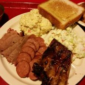 Photo of Marshall's Bar-B-Q - Farmers Branch, TX, United States. 3 meat plate (ribs, sausage &amp; brisket) with potato salad and Cole slaw