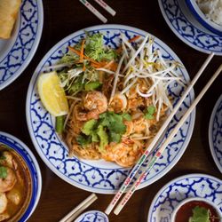 Photo of Baan Thai - Ballsbridge, Co. Dublin, Republic of Ireland. Prawn Pad Thai, Spicy Prawn Tom Yam Soup, Vegetable Spring Rolls, Green Chicken Curry