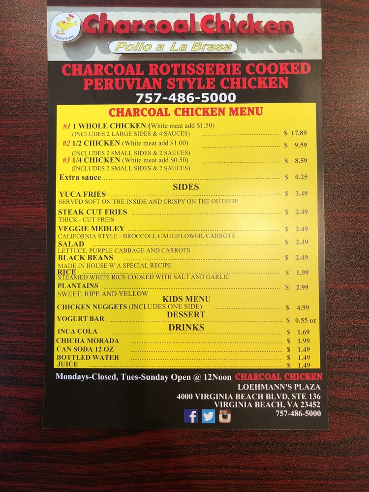Menu at Charcoal Chicken restaurant, Virginia Beach