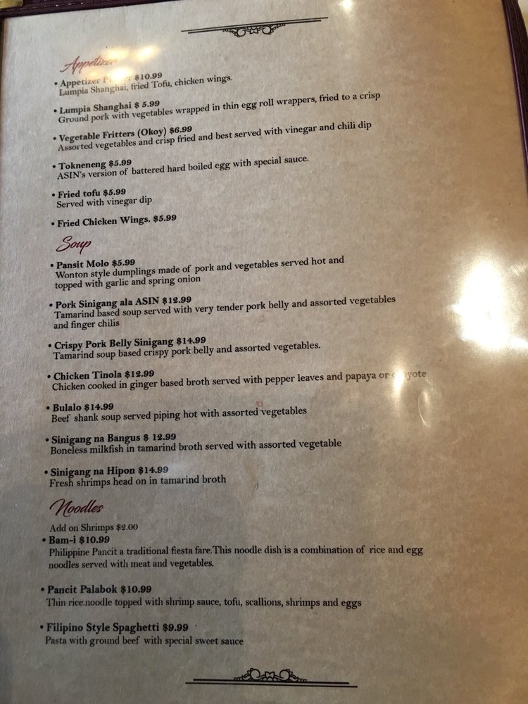 Online Menu Of Asin Filipino Cuisine Restaurant Caldwell New