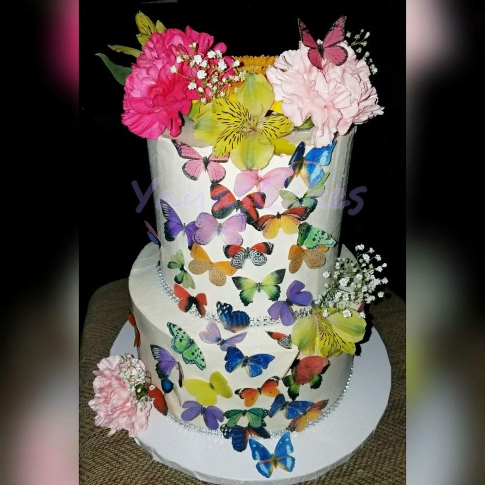 Spring birthday cake, with butterflies and fresh flowers , Yelp