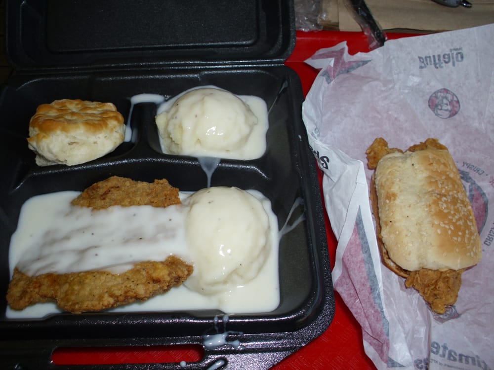 Chicken Fried Steak with Mashed Potatoes & a biscuit. On the right, the