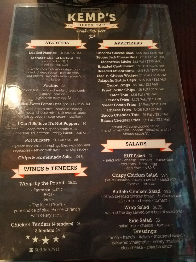 Online Menu of Kemps Upper Tap Restaurant, Lexington, Illinois, 61753