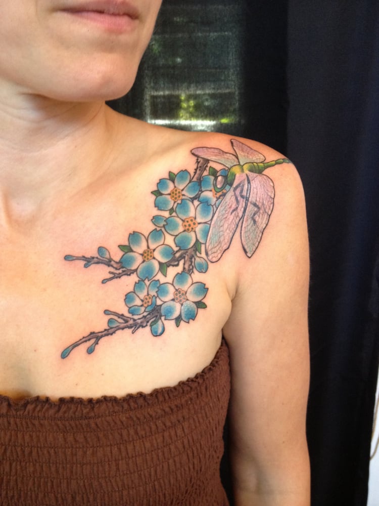 blue sakura or cherry blossom tattoo with dragonfly by blue sakura or cherry blossom tattoo with dragonfly by