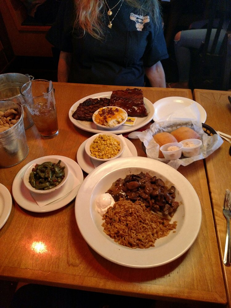 Beef tips with rice and green beans. Ribeye, ribs, mashed potatoes and corn. Time to chow down