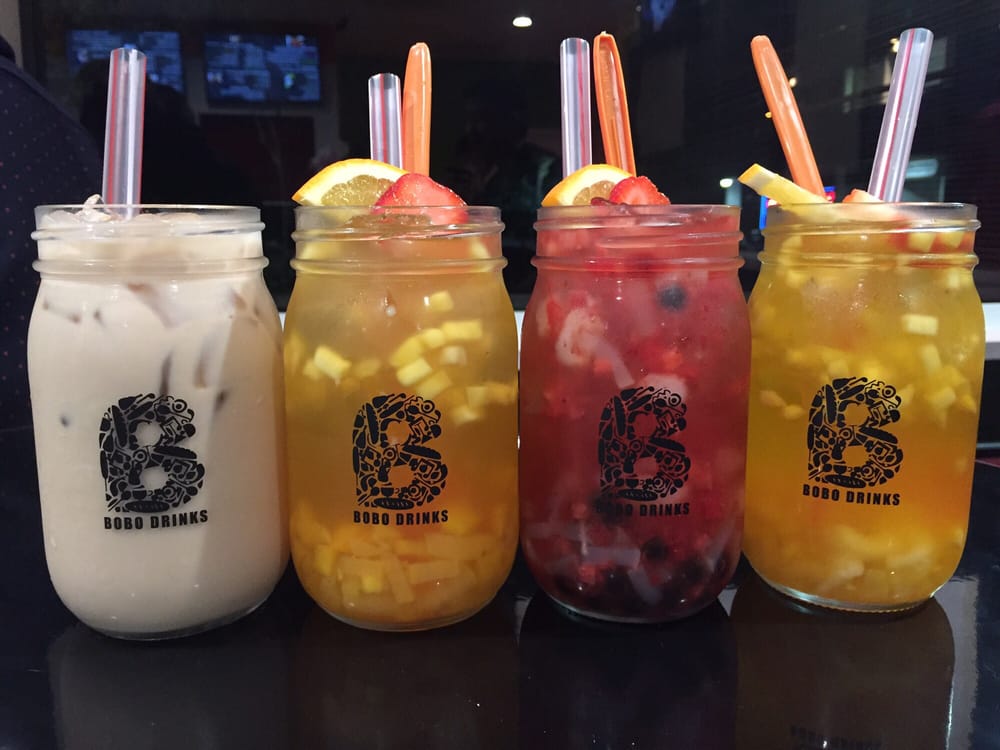 Mango milk tea, mango madness, very berry, happy heart. Cute glass jars