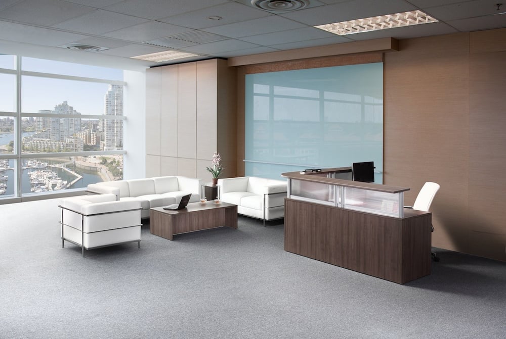 Reception Desk In Modern Walnut With Contemporary Soft Seating Photo Of E3 Office Furniture Interiors Inc Dartmouth Ns Canada Reception