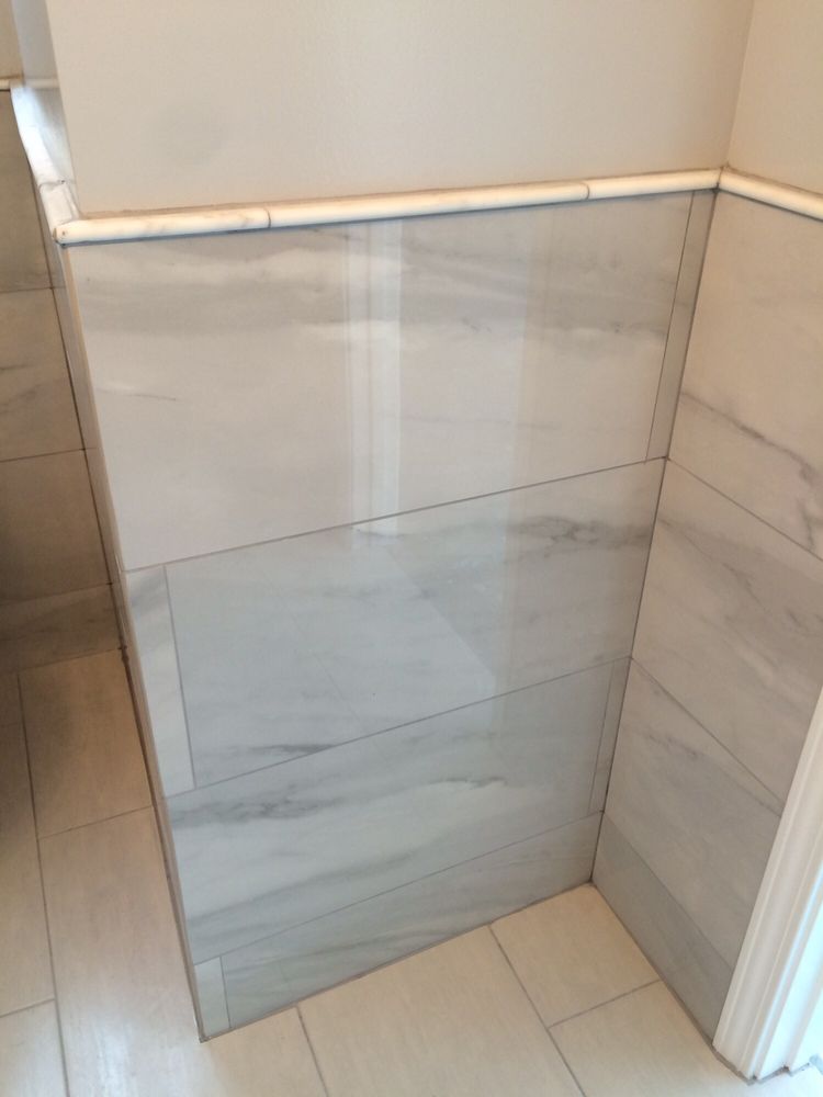 Porcelain Wall Tile Looks Great Topped With A Marble Pencil Trim Photo Of Velletri Stone Center San Carlos Ca United States Porcelain Wall