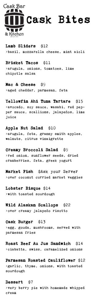 Online Menu Of Cask Bar Kitchen Restaurant Austin Texas 78701