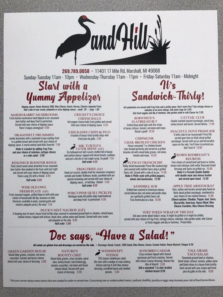 Online Menu Of Sandhill Restaurant Marshall Michigan 49068 Zmenu Marshall Michigan 49068