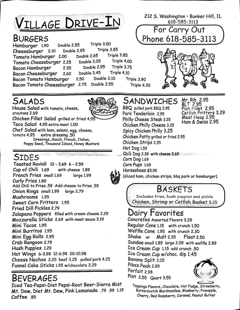 Online Menu of Village DriveIn Restaurant, Bunker Hill, Illinois