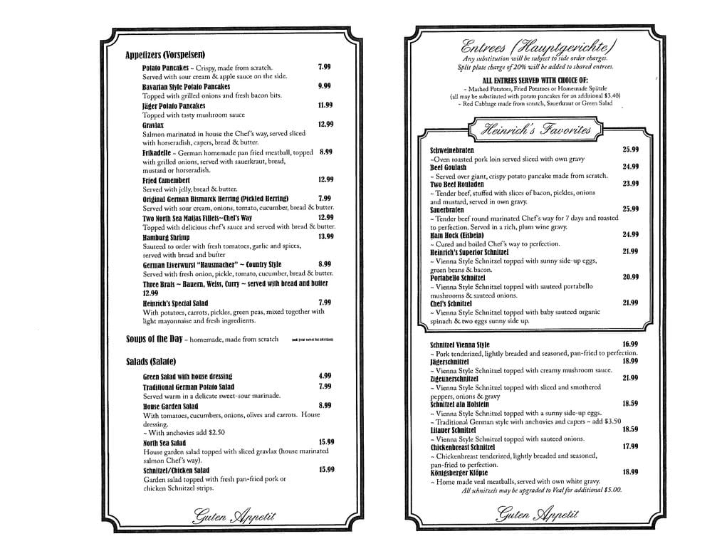 Online Menu of Heinrichs German Grill Restaurant, Sarasota, Florida