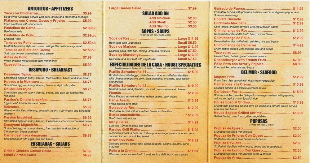 El Paraiso Mexican Restaurant Menu El Paraiso Mexican Restaurant Menu
