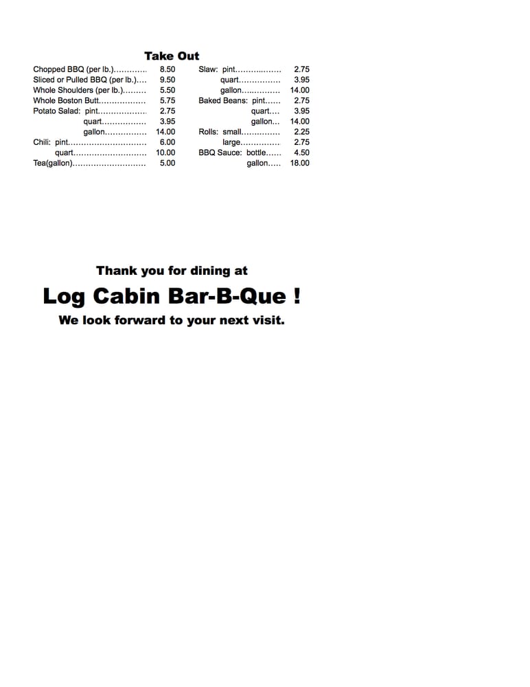 Online Menu Of Log Cabin Bar B Que Restaurant Albemarle North